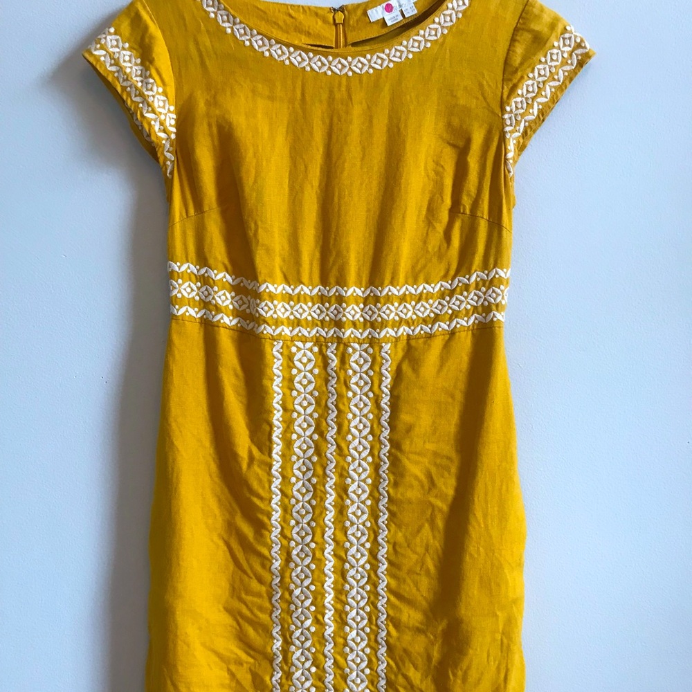 Boden Linen Embroidered Cap Sleeve Dress